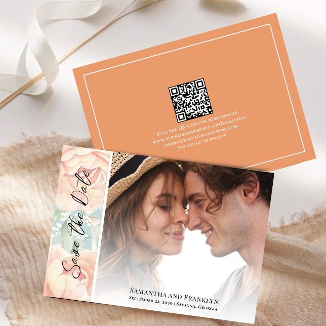 Elegant bröllop Photo Blommigt Watercolor Spara Datumet (Peach floral wedding save the date photo card.)