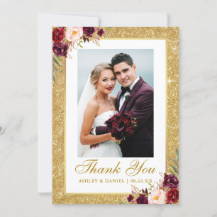 Elegant bröllop Photo Guld Burgundy Blommigt Glitt Tack Kort