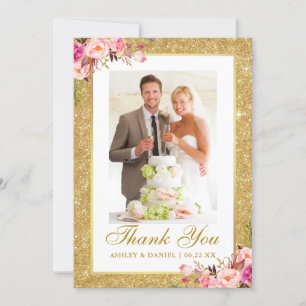 Elegant bröllop Photo Guld Rosa Blommigt Glitter Tack Kort