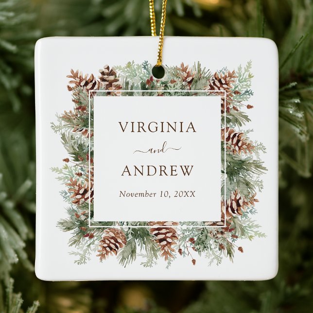 Elegant bröllop Photo Julgransprydnad Keramik (Elegant Forest Theme Wedding Photo Holiday Ceramic Ornament by Painted Paperie
)