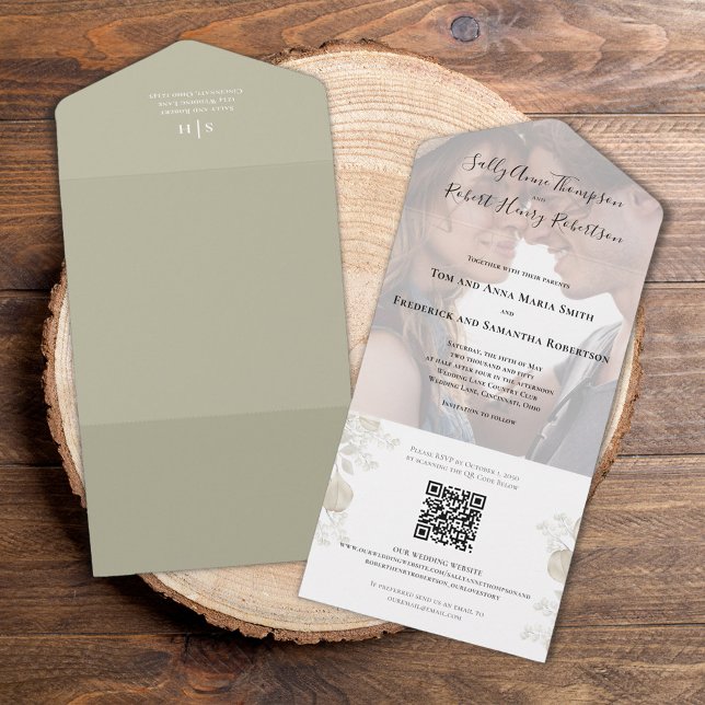 Elegant bröllop Photo Sage Greenery (Elegant wedding all-in-one invitation with botanical greenery. )