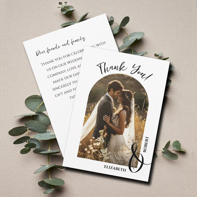 Elegant bröllop Photo Tack Kort (Elegant arched wedding photo flat thank you cards feature your message on the back)