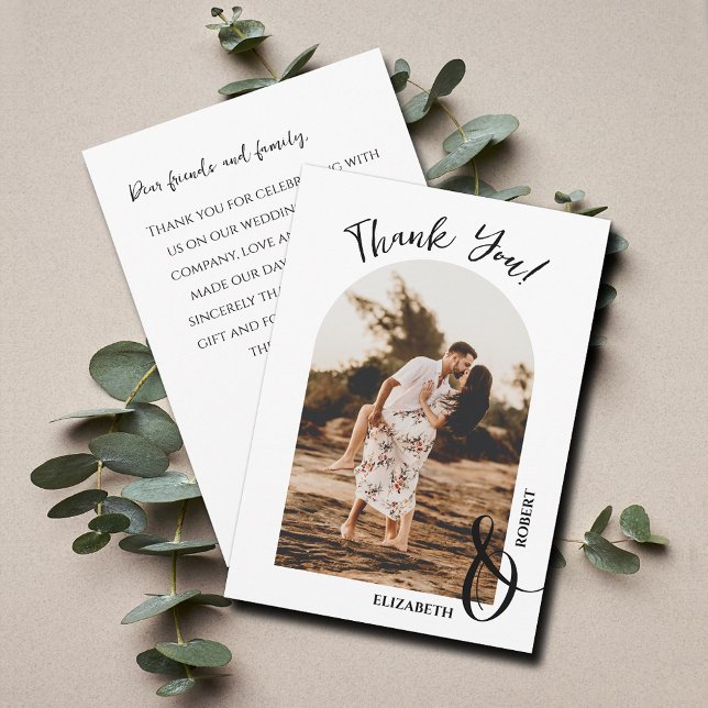 Elegant bröllop Photo Tack Kort (Elegant arched wedding photo flat thank you cards feature your message on the back)