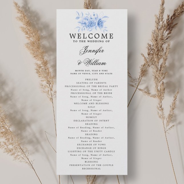 Elegant bröllop Program Navy Blue Blommigt Script (Elegant Wedding Program Navy Blue Floral Script )