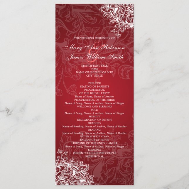 Elegant bröllop Program Vintage Swirls Red (Framsida)