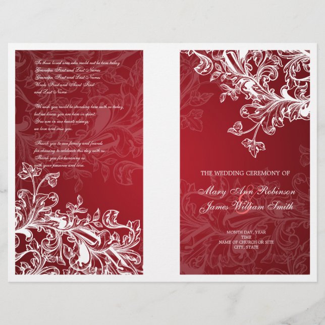 Elegant bröllop Program Vintage Swirls Red (Framsida)