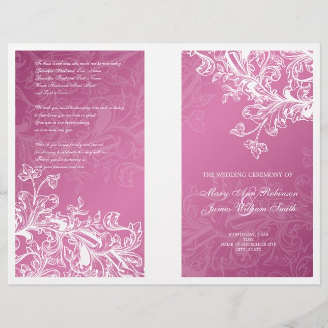 Elegant bröllop Program Vintage Swirls Rosa (Framsida)