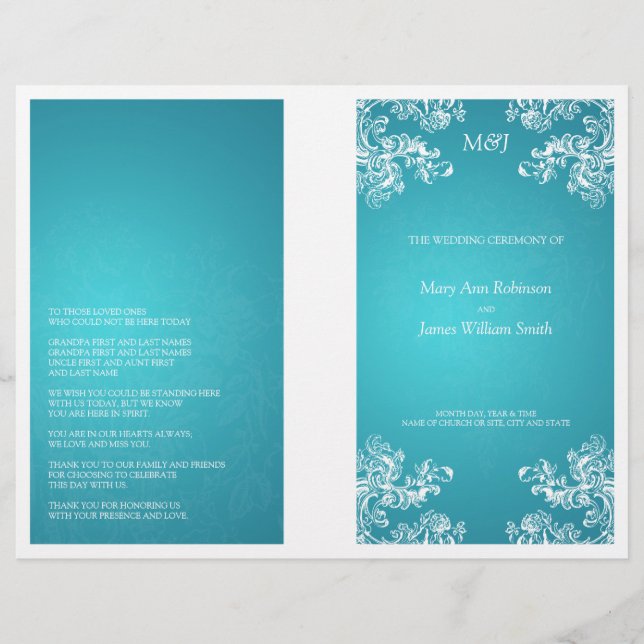 Elegant bröllop Programme Vintage Swirls 2 Turcoui (Framsida)