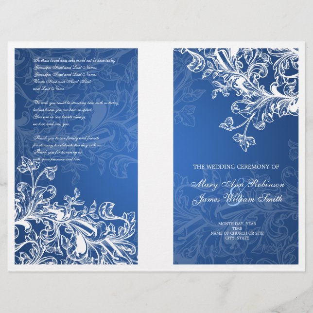 Elegant bröllop Programme Vintage Swirls Blue (Framsida)
