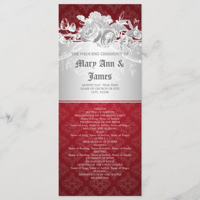 Elegant bröllop-programmet Baroque Flourish Red Program (Framsida)