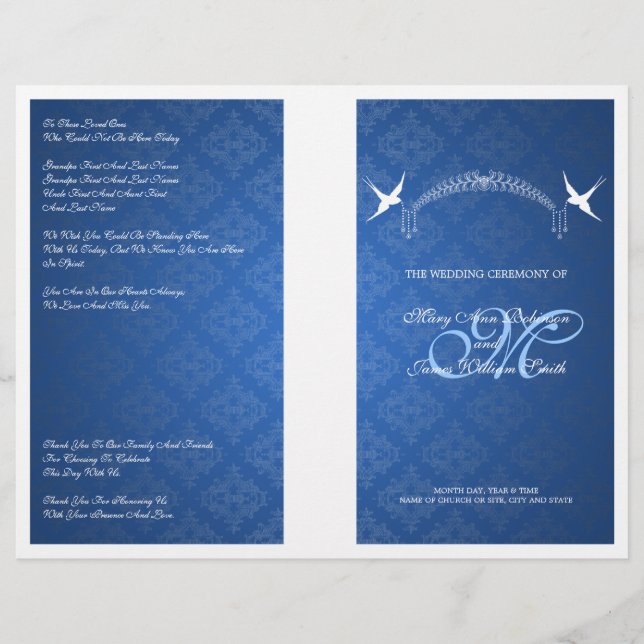 Elegant bröllop-programmet Birds Monogram Blue (Framsida)