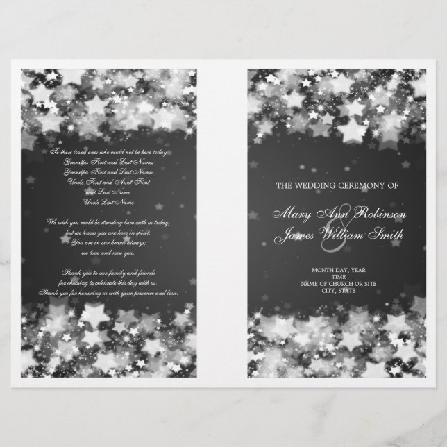 Elegant bröllop-programmet Dazzling Stars Black (Framsida)