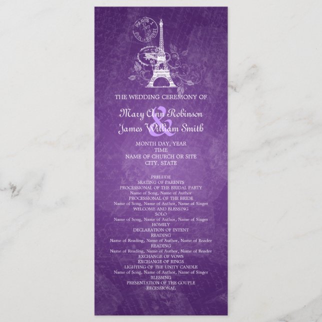 Elegant bröllop-programmet Romantic Paris Lila Program (Framsida)
