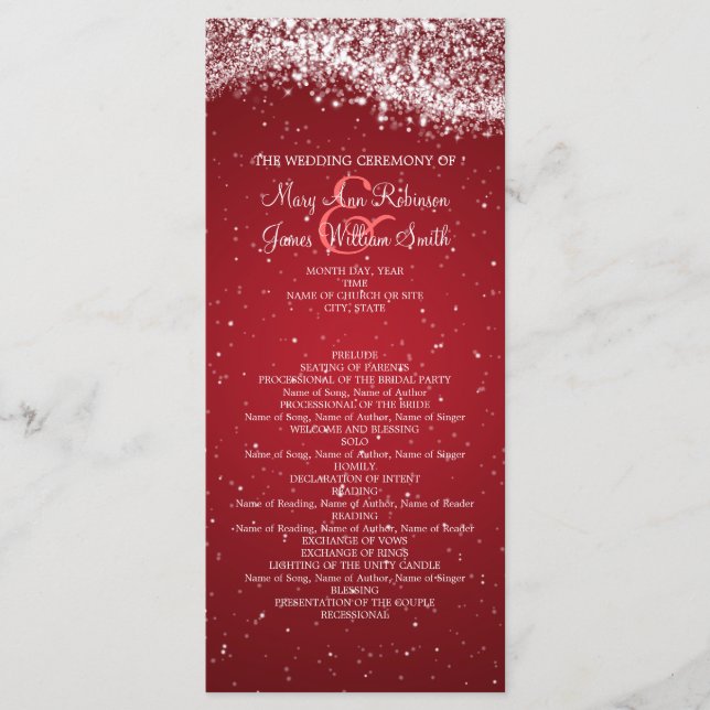 Elegant bröllop-programmet Sparkling Wave Red Program (Framsida)