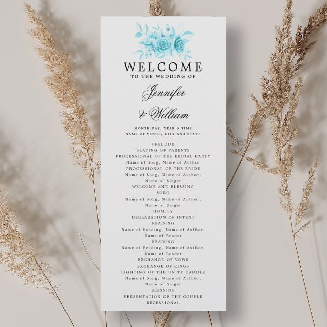 Elegant bröllop-programturkos-Blommigtens skript Inbjudningar (Elegant Wedding Program Turquoise Floral Script )