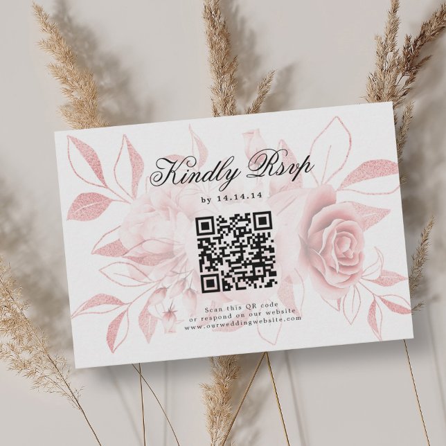 Elegant bröllop QR-kod OSA  Rosa Blommigt Kort (Elegant Wedding QR Code RSVP Blush Pink Floral)