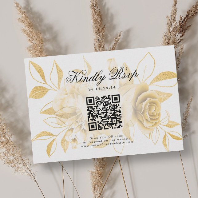 Elegant bröllop QR-koden OSA Guld Blommigt (Elegant Wedding QR Code RSVP Gold Floral)
