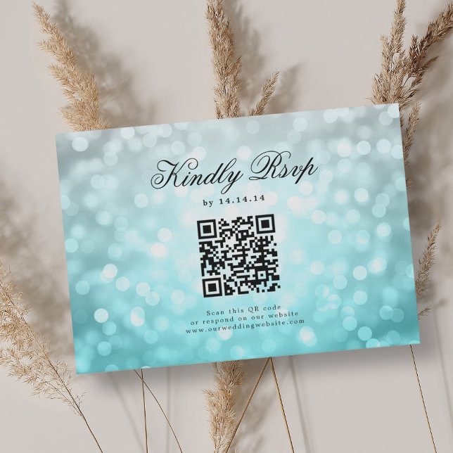 Elegant bröllop QR OSA Bokeh Ljus Beach Ombre Kort (Elegant Wedding QR RSVP Bokeh Lights Beach Ombre)