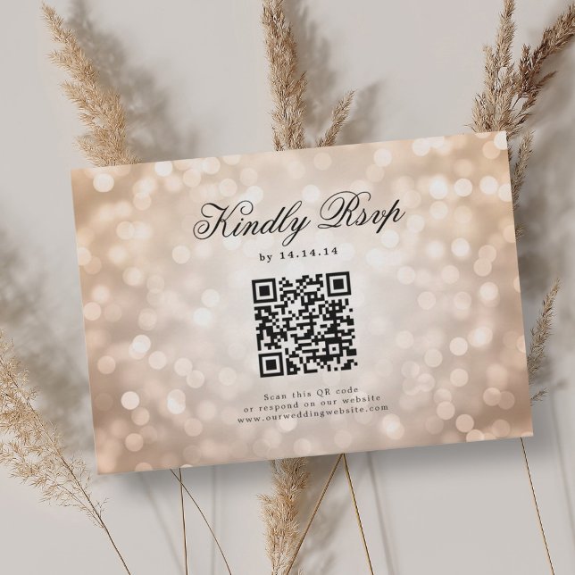 Elegant bröllop QR OSA Bokeh Ljus Ro Guld Kort (Elegant Wedding QR RSVP Bokeh Lights Rose Gold )
