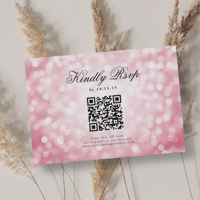 Elegant bröllop QR OSA Bokeh Ljus  Rosa Kort (Elegant Wedding QR RSVP Bokeh Lights Blush Pink )