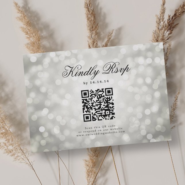 Elegant bröllop QR OSA Bokeh Ljus Silver (Elegant Wedding QR RSVP Bokeh Lights Silver )