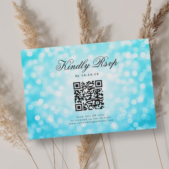 Elegant bröllop QR OSA Bokeh Ljus Turquise Kort (Elegant Wedding QR RSVP Bokeh Lights Turquoise )