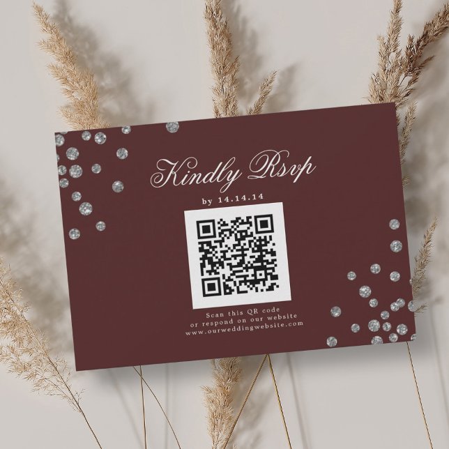 Elegant bröllop QR OSA Silver Confetti Burgundy Kort (Elegant Wedding QR RSVP Silver Confetti Burgundy)