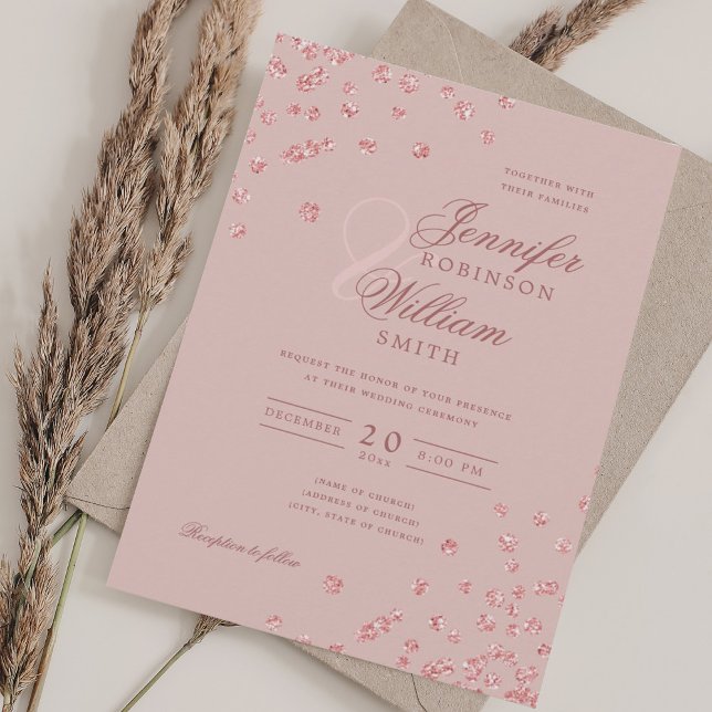 Elegant bröllop Ro Guld Konfetti  Rosa Inbjudningar (Elegant Wedding Rose Gold Confetti Blush Pink Invitation)