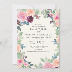 Elegant bröllop rosa lila akvarell blommig inbjudningar