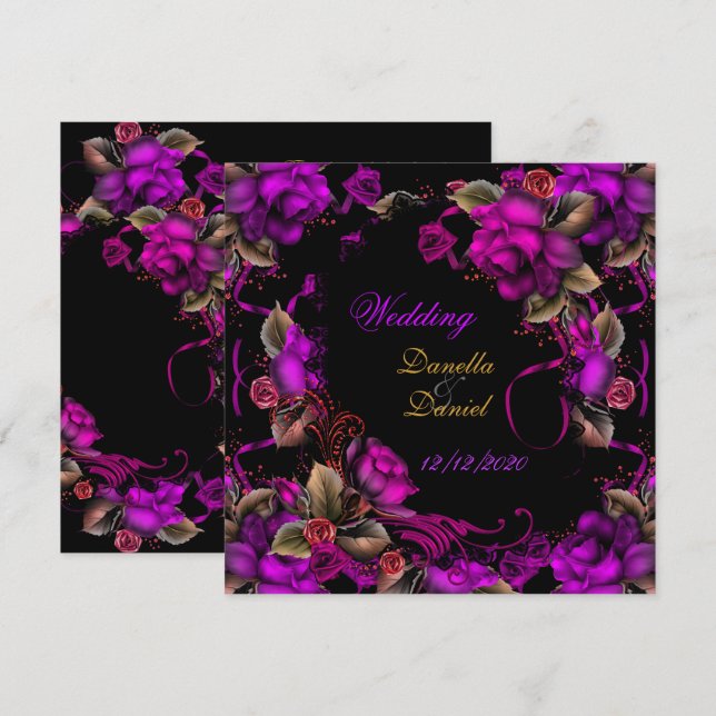 Elegant Bröllop Rosa Plommonros Svart Inbjudningar (Fram/baksida)