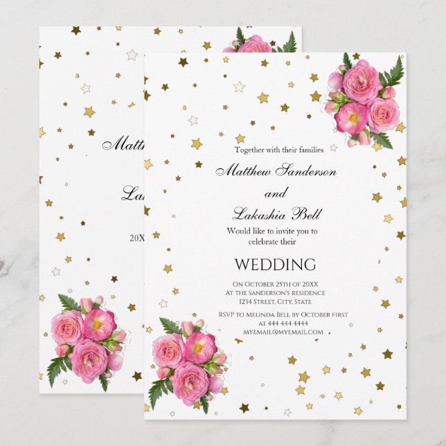 Elegant bröllop rosa ros guld-stjärnor vita inbjudningar (Fram/baksida)