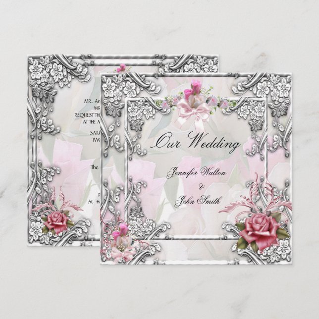Elegant Bröllop Rosa Ros Silver Vit Inbjudningar (Fram/baksida)
