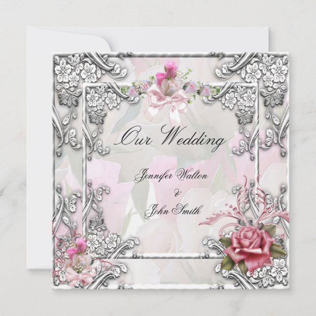 Elegant Bröllop Rosa Ros Silver Vit Inbjudningar (Framsida)