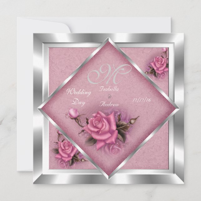 Elegant bröllop rosa ros silverbukett inbjudningar (Framsida)