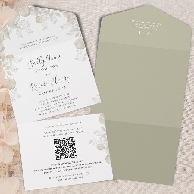 Elegant bröllop Sage Greenery Calligraphy Script (Elegant wedding all in one invitation with botanical greenery. )