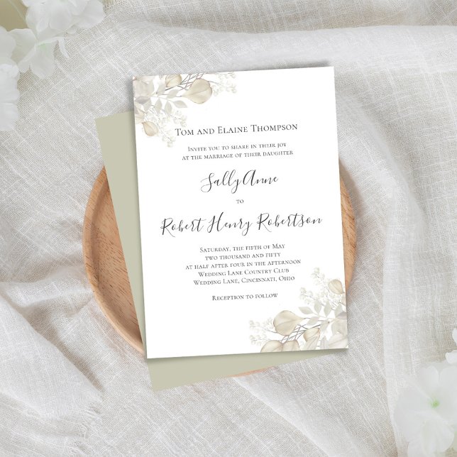 Elegant bröllop Sage Greenery Script Inbjudningar (Simple and elegant sage green and cream foliage wedding invitation.)