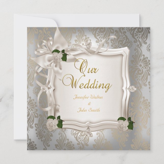 Elegant bröllop Sepia Vit ros Silver Inbjudningar (Framsida)