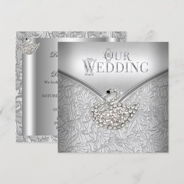 Elegant bröllop Silver Damask Vit Svan Inbjudningar (Fram/baksida)
