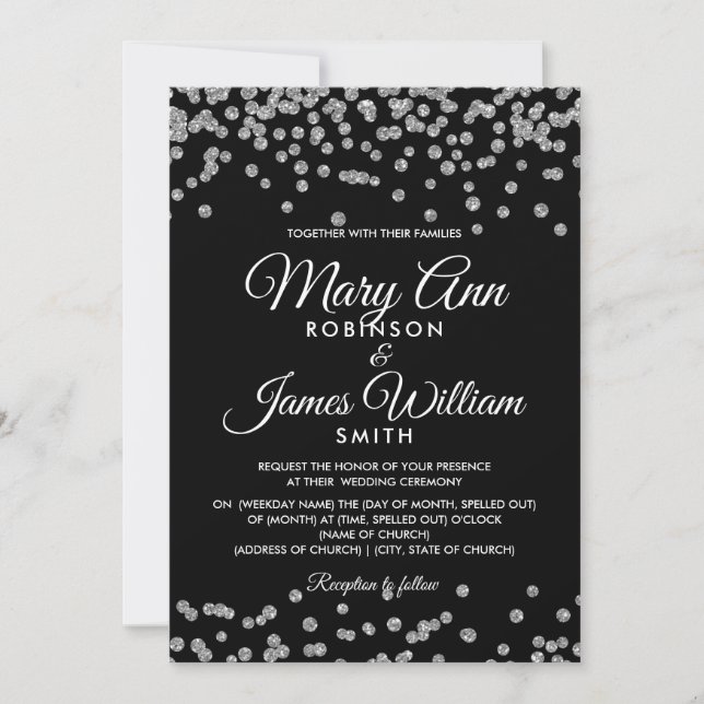Elegant bröllop Silver Faux Glitter confetti Black Inbjudningar (Framsida)