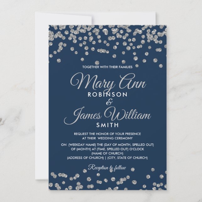 Elegant bröllop Silver Faux Glitter confetti-flott Inbjudningar (Framsida)
