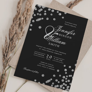 Elegant bröllop Silver Glitter Konfetti Black Inbjudningar