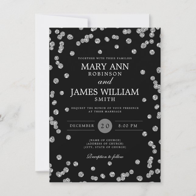 Elegant bröllop Silver Glitter Konfetti Black Inbjudningar (Framsida)