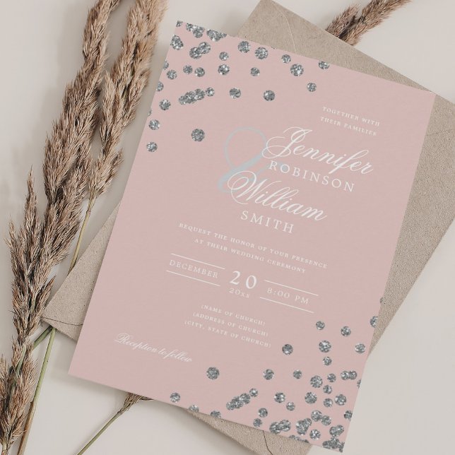 Elegant bröllop Silver Glitter Konfetti  Inbjudningar (Elegant Wedding Silver Glitter Confetti Blush Invitation)