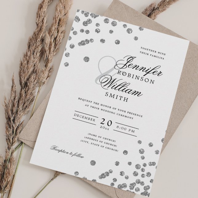 Elegant Bröllop Silver Konfetti QR-OSA Inbjudningar (Elegant Script Wedding Silver Confetti QR RSVP Invitation)