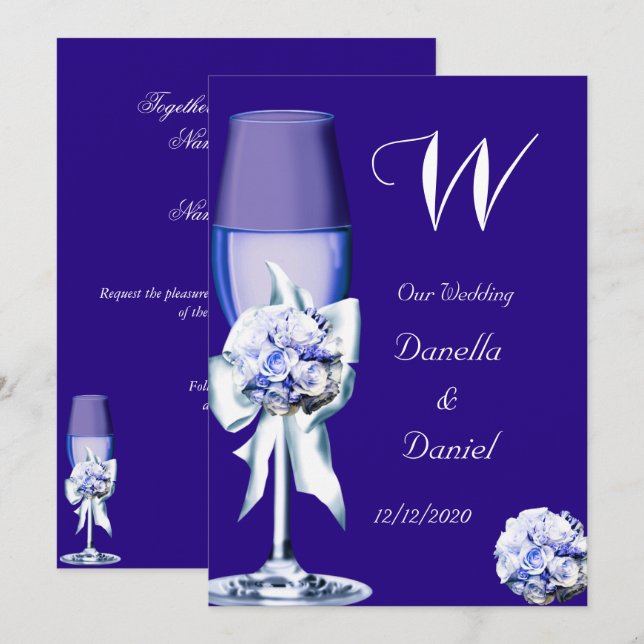 Elegant bröllop silver marinblå blommande rosor inbjudningar (Fram/baksida)