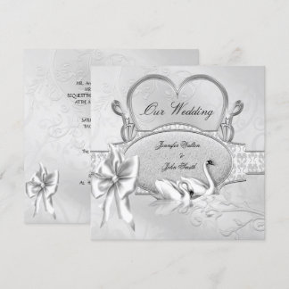 Elegant Bröllop Silver Vitt Svanar Hjärta Bow Inbjudningar