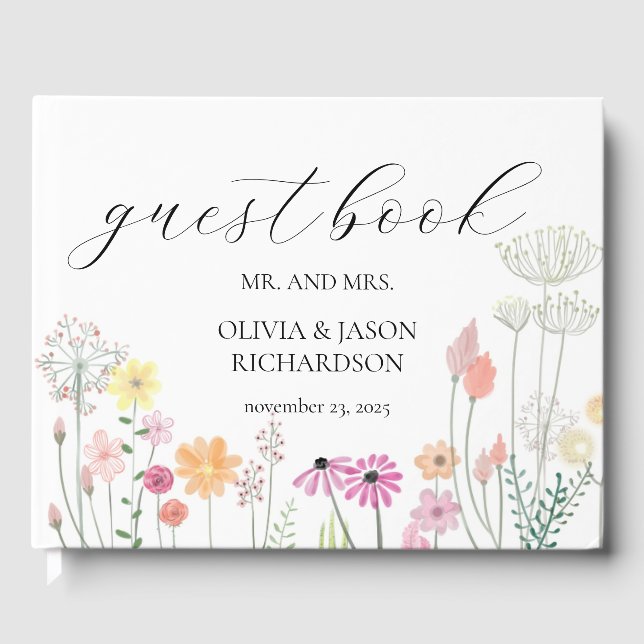 Elegant Bröllop-skript för färgad Vår Wildblomma Gästböcker (Framsida)