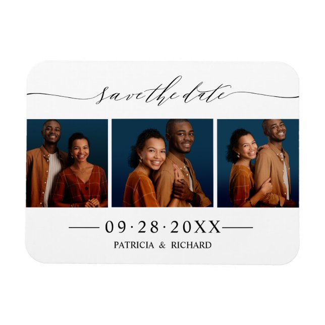 Elegant Bröllop Spara Datum 3 Foto Collage Magnet (Horisontell)