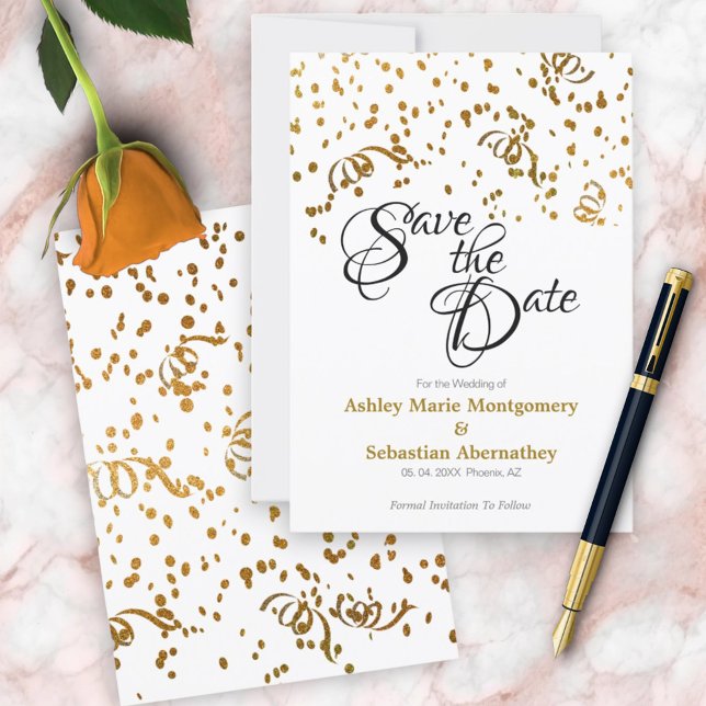 Elegant bröllop Spara datum Guld-konfetti Inbjudningar (front and back save the date invitation)