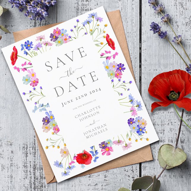 Elegant bröllop Spara datumet för färgämnet Wildbl Inbjudan Vykort (Colorful wildflower boho chic wedding save the date budget postcard invitation elegant thrift)